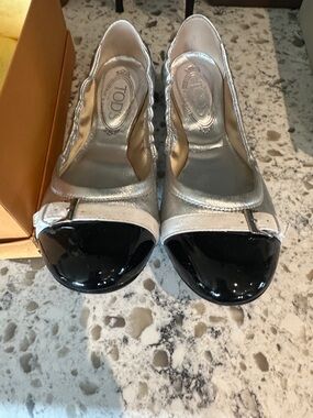 Tod's Metallic Silver Ballet Flats with Black Patent Cap Toe with dust bag/box